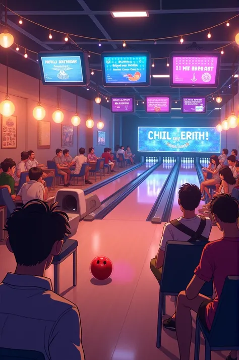 An image of a bowling alley with the text: "Romi&#39;s birthday, I&#39;ll wait for you at the Patio Olmos bowling alley on the 16th/8 to have a great time "