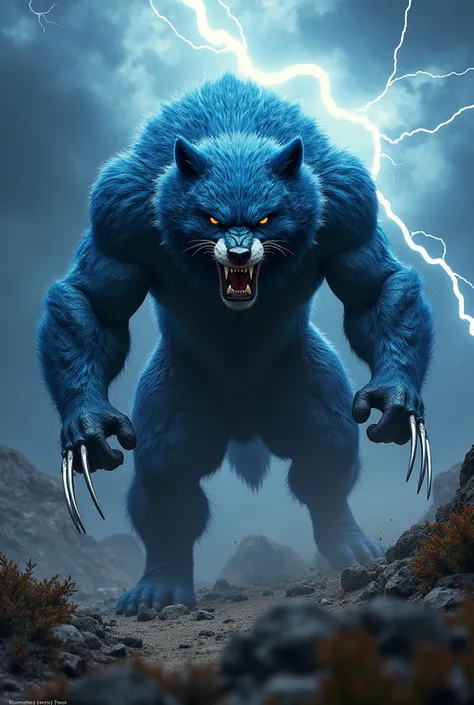 wolverines, sunlight, thunder background, angry, realistic, wolverine blue color full body,