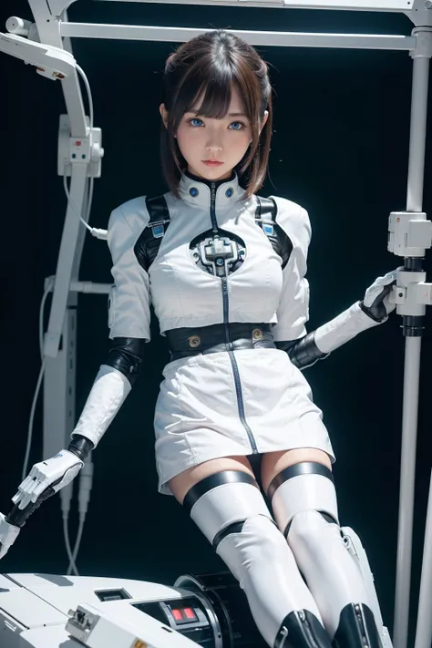 masterpiece, best quality, extremely detailed, Japaese android Girl,Plump,control panels,Mechanical Hand, Robot arms and legs,Mechanical body,Blunt bangs,perfect mechanical abdomen,future laboratory,charging spot,She is sitting the charging spot,laboratory...