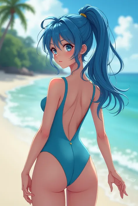 A seductive blue-haired girl in an anime-style swimsuit