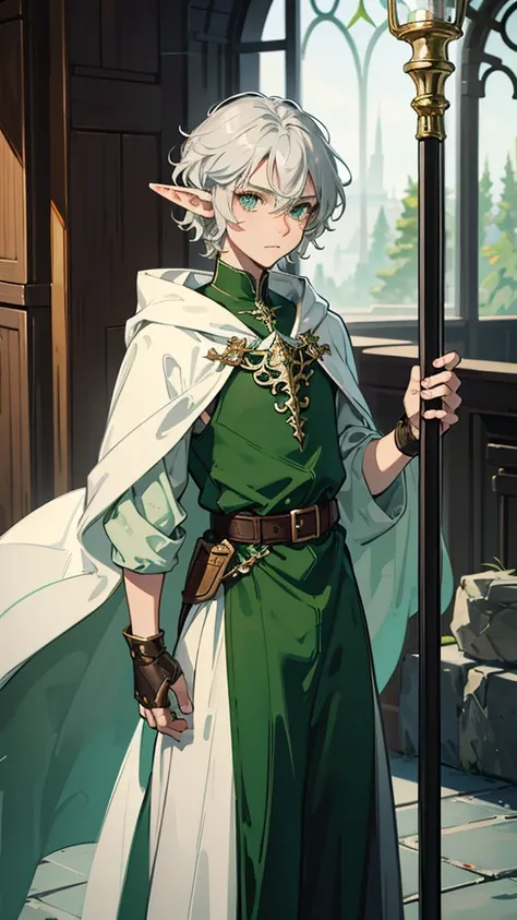 Elf with medium cut, curly, silver hair. The male Character has green eyes, is slim and fair-skinned, and wears a white robe under a green cloak. The elf also has fingerless gloves, brown pants and a belt. The character should look cute. Cold face. Boy is ...