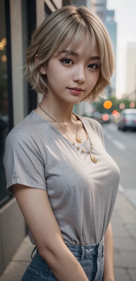 Curly Bob Cut, A platinum-haired woman in an orange collared shirt poses for a photo in the city, 8K Art Germany Bokeh, well-proportioned body, 美しいKorean women, Gorgeous Necklace, 美しい若いKorean women, Soft Portrait Shot 8k, Korean Girls, Double eyelids and n...