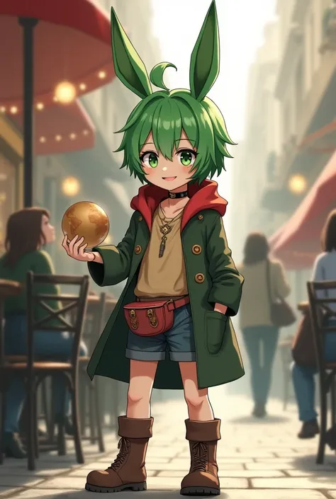 Green rabbit ears, green animal ears, a boy, green hair, green eyes, thin eyebrows, smiling, young, alone, short, blouse, coat,choker, long boots, red hood, fingerless globe, belt, waist pouch, in the city, cafe, tiny, 10-year-old, baby face