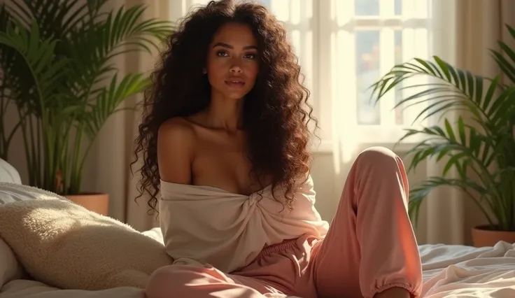 (photorealism:1.2), beautiful woman, wearing loose off-shoulder top, pajama pants, long curly hair, indoors, soft lighting, plants in background, window with sunlight, cozy room, relaxed pose, realistic, intricate details, warm colors
