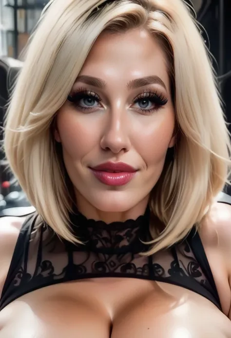 score_9, score_8_up, score_7_up, Photo realistic, 18yo, (detailed beautiful face), cute nose, glossy blonde bob haircut, (huge natural saggy breasts), ((black lace cropped top, covered nipples)), sharp focus, skindentation, (looking at viewer) lipstick, ec...