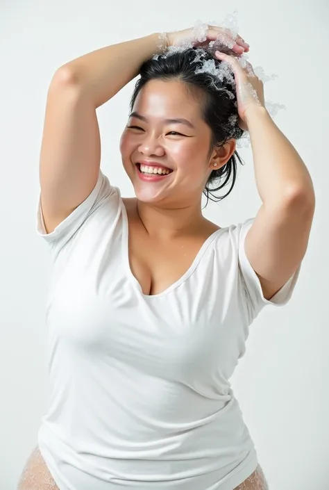 Create an Asian beauty，Wearing a tight white shirt，Proud and plump figure，Scratching hair with hands，Bending over and washing hair，There is a lot of foam on the head，The expression is happy，The characters are realistic and realistic，Pure white background，9...