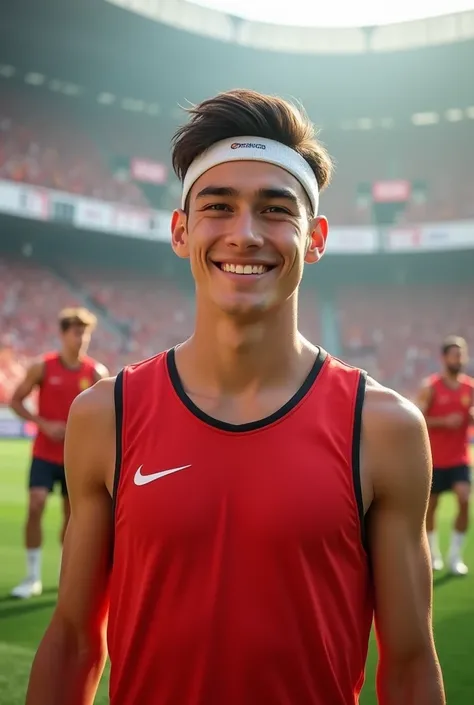 Create a BEARDLESS football player with medium straight hair, combed back, wearing a small thin white men&#39;s sports headband in the middle of the hair, 17 year old tall white spanish guy with happy face wearing a red training vest, in a background with ...