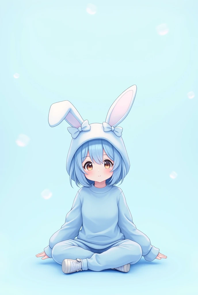 A male anime character with light blue hair, a light blue hat with bunny ears on the sides with bows on the back of the hat, a light blue shirt with a light blue sweatshirt, light blue pants and light blue shoes, with a sitting pose with his legs crossed, ...