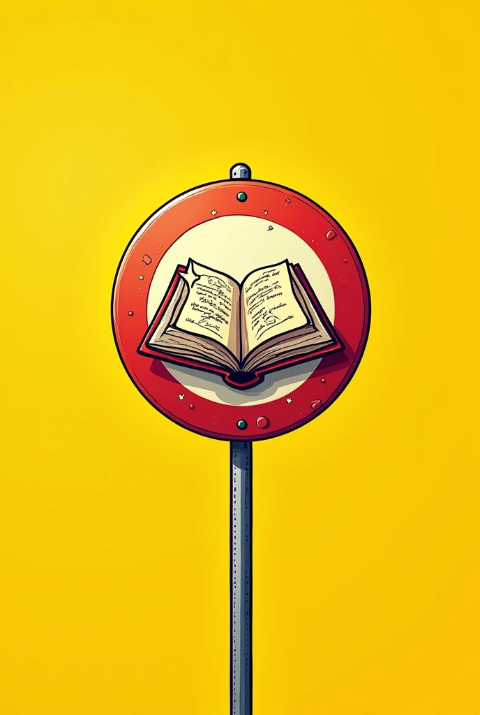 A yellow traffic sign with a picture of a cartoon book 