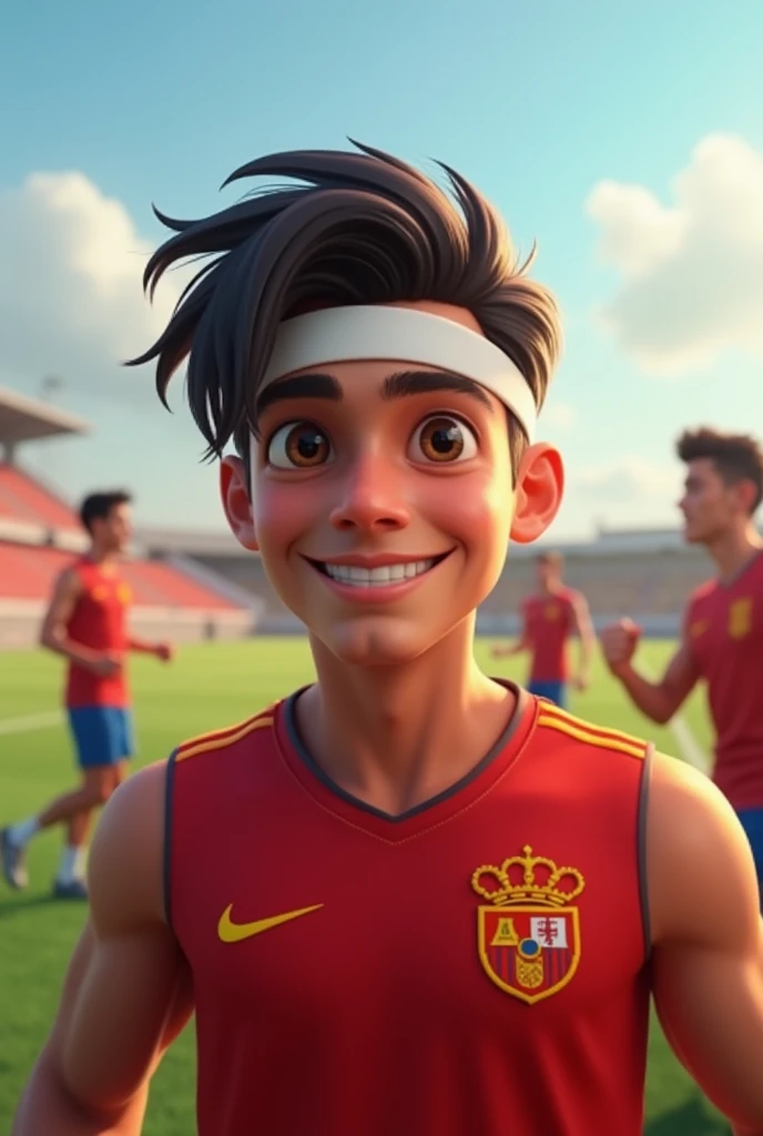 Create a BEARDLESS football player with medium straight hair, combed back, wearing a small thin white men&#39;s sports headband in the middle of the hair, 17 year old tall white spanish guy with happy face wearing a red training vest, in a background with ...