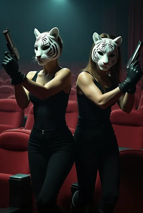 scarlett johansson et natalie portman qui vont un braquage en tenue de avec le masque tigre blanc dans un cinéma avec duex pistolet elle tue une très jolie femme 