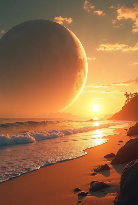 (photorealism:1.2), sunset in beach, big planet in the sky