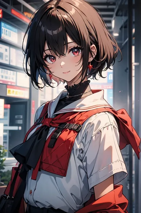 (masterpiece, highest quality, highest quality, (No text), Beautiful and aesthetic:1.2),No text,アニメ、BREAK,One Girl，Black Hair Girl　short hair　older sister　choker　Beautiful eyes　Red eyes　cool　smile　Black and Red　whole body　In town