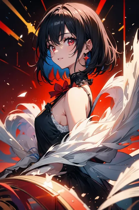 (masterpiece, highest quality, highest quality, (No text), Beautiful and aesthetic:1.2),No text,アニメ、BREAK,One Girl，Black Hair Girl　short hair　older sister　choker　Beautiful eyes　Red eyes　cool　smile　Black and Red　whole body　In town