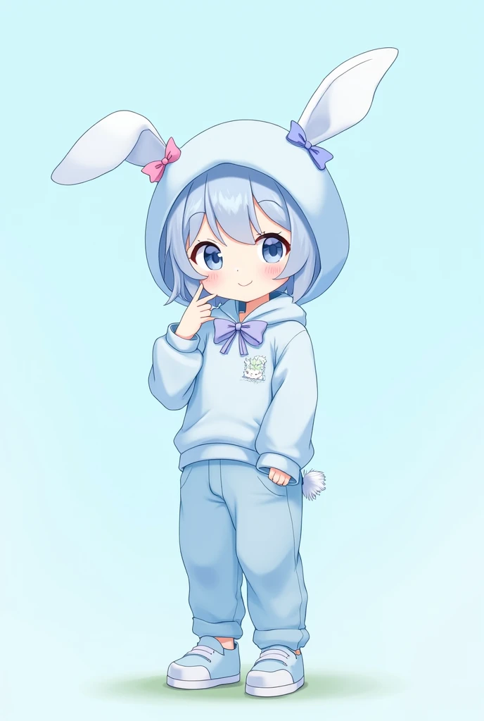 A male anime character with light blue hair, a light blue hat with bunny ears on the sides with little bows on the back of the hat, a light blue shirt with a light blue sweatshirt, light blue pants, and blue shoes with all the shoes being light blue with a...