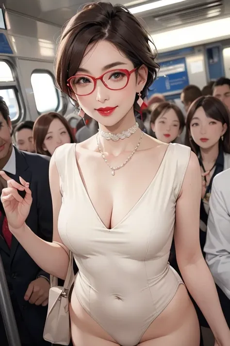 Beautiful and mature 55 year old Japanese woman, Married women, Fine Lines, Long eyelashes, Shining Eyes, Short Bob, (choker), (Bright red lipstick), elegant, Slim figure, Wearing glasses, Pink Cheeks, Pearl Necklace, Earrings, Cute Smile, ((Beige leotard)...