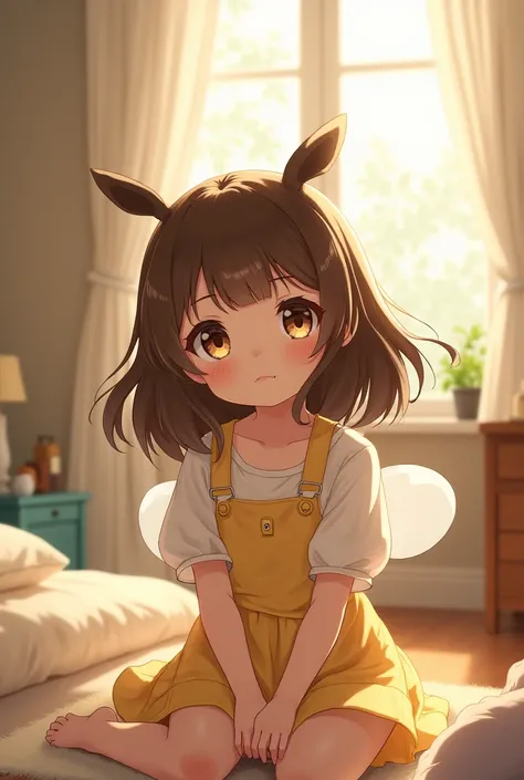 Bee girl in simple clothes at home boobs, big brown hair Anime