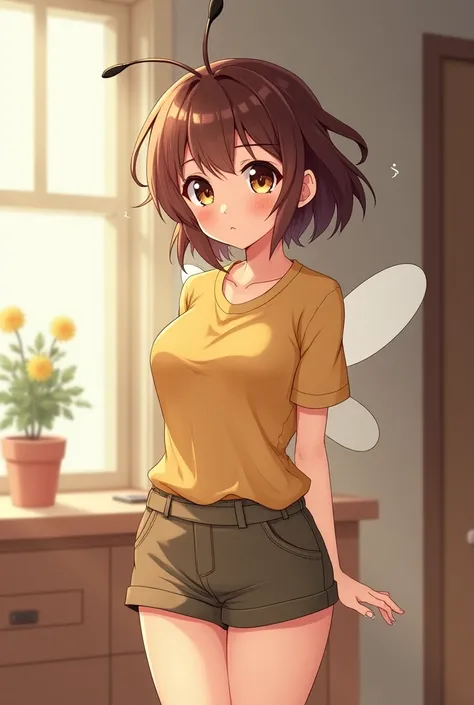 Bee girl in simple short outfit at home boobs, big brown hair Anime