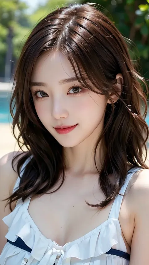 ((masterpiece: 1.4, best quality))+,(ultra detail)+, official art, unity 8k wallpaper, ultra detail, beautiful, high quality, (Emphasize your cute face:1.37),  masterpiece, best quality, half wavy medium length hair, (brown eyes, brown hair), bust, looking...