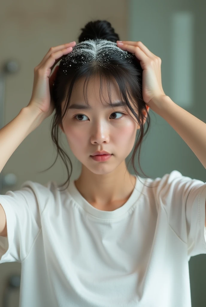 Create an Asian beauty，Wear a white T-shirt，Proud figure，Scratching the scalp with both hands，There is a lot of dandruff on the top of the head，White fine dandruff on the top of the head，The expression is unhappy，The characters are realistic and realistic，...