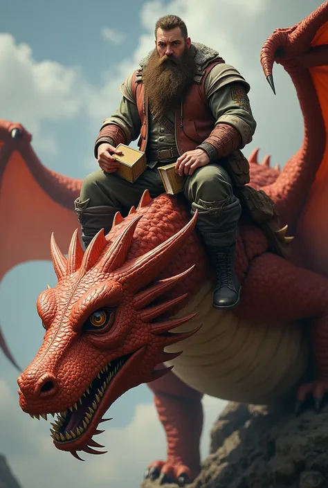 a bearded man, stocky and hairy, with 1 book in hand and 2 books attached to clothes, mounted on a reddish copper dragon.