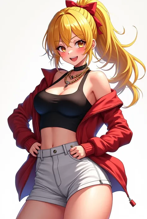 1 Female anime,High definition,high resolution,Ultra-realistic,8K, aaserena, yellow ponytail, ((multicolored hair)), red jacket, black shirt, belt, white skirt, tight skirt, miniskirt ,jewelry,European,sexy,Upper body close-up,Photographed from the front,D...