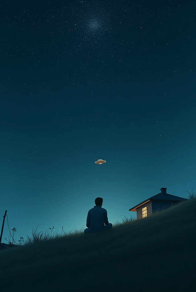 The cover image shows a man sleeping and looking at the stars at midnight on a hill behind his house. There are many stars in the sky and a UFO is hidden among the stars.