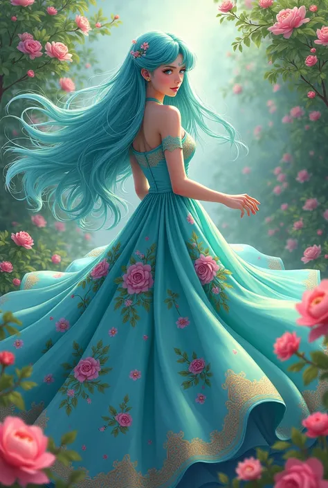 Sailor Neptune in a floral and spring dress. The wind moves the dress and she holds her hair. The image must have intense colors