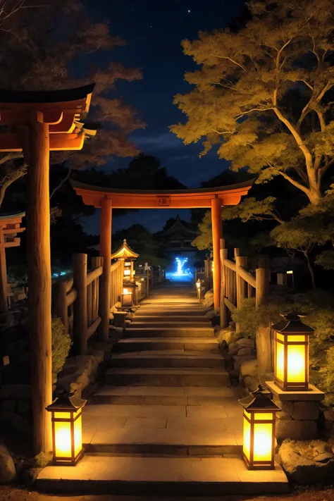 Real Stick、Late Night、A shrine dedicated to foxes、stone stage、Lantern、Festivals、Particles of light、torii、landscape。