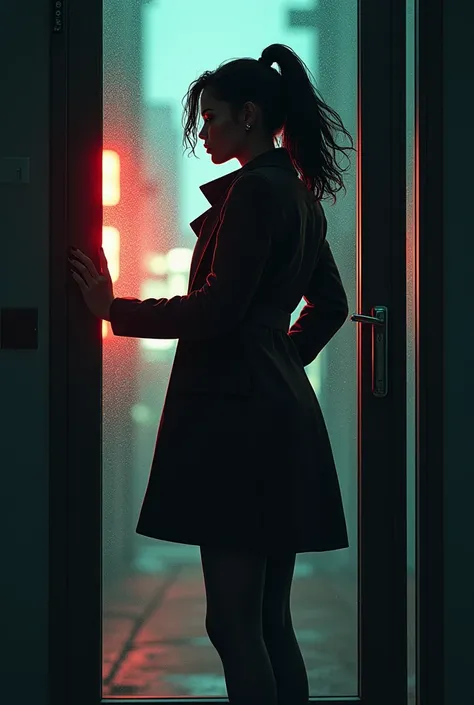 In a cyberpunk city, a stunning African American woman stands confidently before a frosted glass office door, dressed in a modern noir detective outfit. Dimly lit, dust particles catch the evening light, enhancing the moody atmosphere. The cover features b...