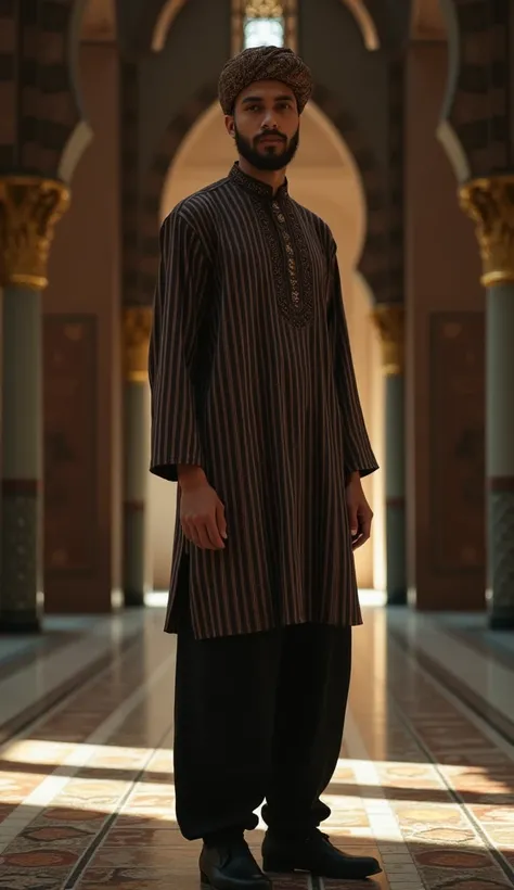 A 35-year-old man wearing a batik turban, a long-sleeved shirt in black-brown vertical stripes, black cloth and trousers. He is standing in the northern corner of a mosque, captured with dramatic, cinematic lighting. The image is highly detailed, realistic...