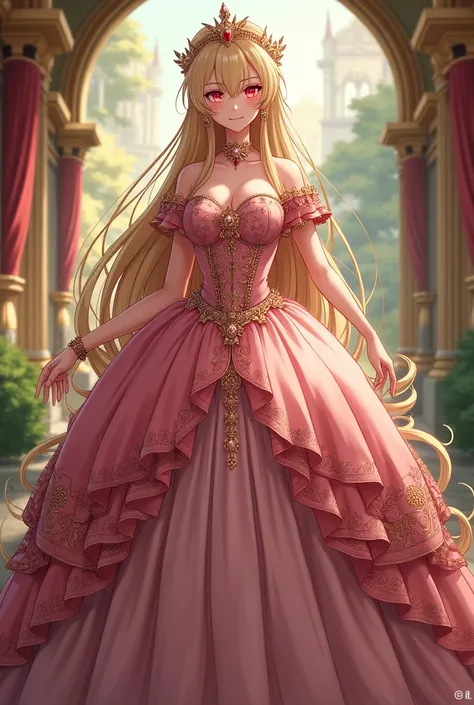 moe anime artstyle,princess luxurious, aristocrat, noble, arrogant,((absurdly long Straight hair)),Red Eyes,(((beautiful embroidery and jeweled gorgeous ballgown with voluminous full length crinoline hoop skirt))),((((((gigantic tits,curvy)))))),deep cleav...