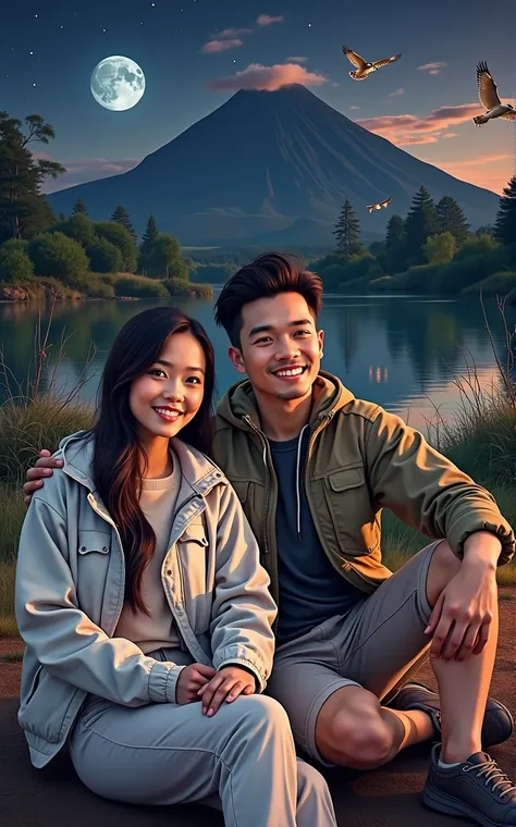 whole body, a beautiful Indonesian woman smiling clean face long straight hair hiking clothes hiking shoes sitting in front of a beautiful luxurious tent sitting with an Indonesian man smiling short hair neat wearing pomade hiking clothes short cargo pants...