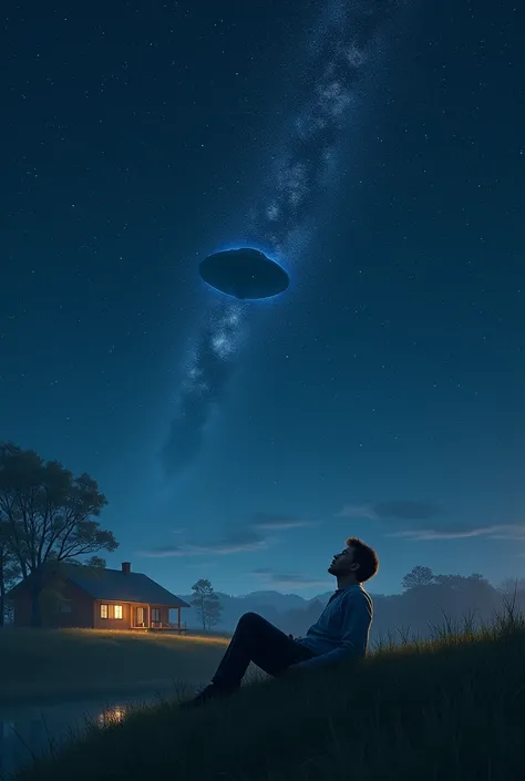 The cover image shows a man lying down watching the stars at night on a hill behind his house. The sky is full of stars and a UFO is hidden among the stars. He looks towards the UFO.