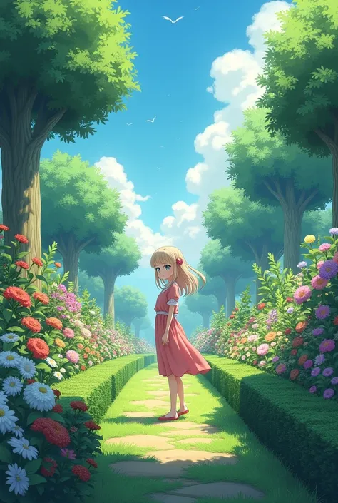 Create a image where a anime character is standing in a beautiful garden and write the word Aayush in the image