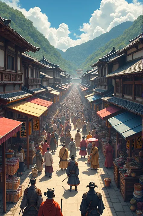 a bustling japanese marketplace during the sengoku period, representing oda nobunaga's rakuichi rakuza policy. traditional japanese buildings line the streets, with merchants selling various goods, including textiles, food, and crafts. the market is lively