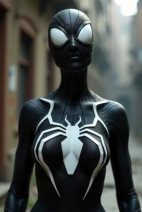 Gwen is wearing a black suit with a white spider in the center of her chest., Organic looking clothes, Sticky forehead, Symbiote, White eyes, Fine art, PS5 Cinematic Screenshots,Highly detailed cinematic rendering, Ultra-Photorealistic Latticing, Cinematic...