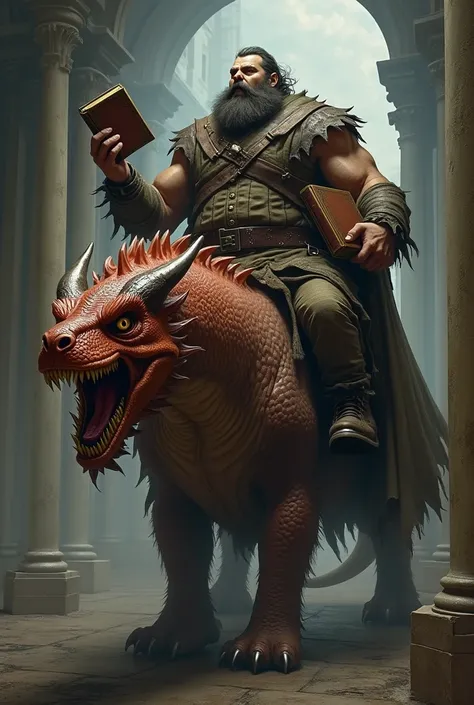 a bearded man, stocky and hairy, with 1 book in hand and 2 other books attached to clothes, mounted on a dragon with an angry face and an elongated reddish-copper neck, with a large staircase behind. 