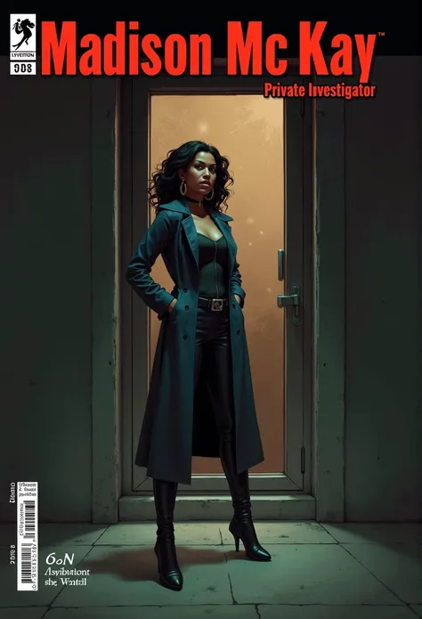 In a cyberpunk city, a stunning African American woman stands confidently before a frosted glass office door, dressed in a modern noir detective outfit. Dimly lit, dust particles catch the evening light, enhancing the moody atmosphere. The cover features b...