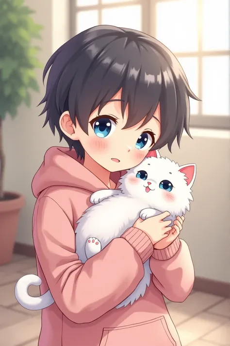 A cute anime boy with blue eyes wearing a pink hoodie and is carrying a white cat with blue eyes in his hands.