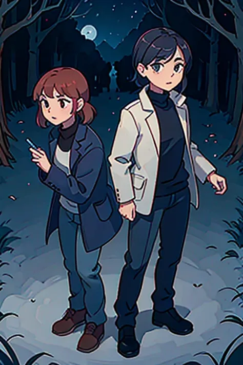 Two girls, one with short hair wearing a coat and pants and the other with long hair wearing a turtleneck coat and pants, exploring a spooky forest at night.