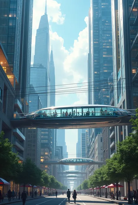 A futuristic city with lots of glass cable cars, and an extremely tall building
