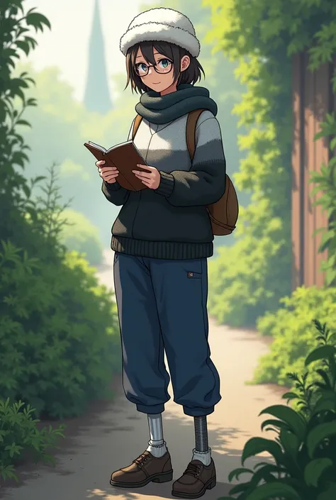 A girl wearing grey,black and white woollen sweater with blue parallel pants ,with short ponytail, wearing glasses, without earings, with one tin leg with a leather book in her hand, wearing a white fur cap with a garden as background with no bags