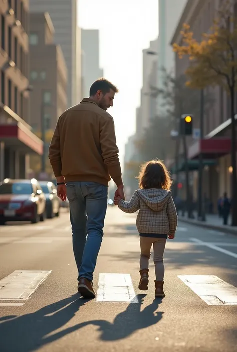 Image of a man holding hands with a child crossing a street at a pedestrian crossing