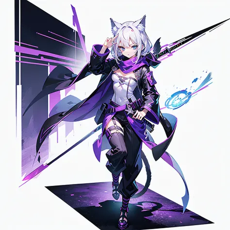 1girll，solo，(Loli figure)，（（（White color hair））），（flatchest），Delicate face and beautiful eyes，Delicate hair，A particularly long strand of side hair)，(Cat ear hood)，One eye is covered by a hood，scarf，(White background 1：：5)，Standing painting style，((full bo...