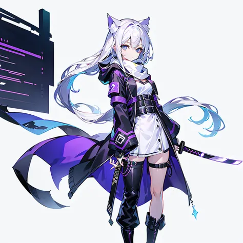 1girll，solo，(Loli figure)，（（（White color hair））），（flatchest），Delicate face and beautiful eyes，Delicate hair，A particularly long strand of side hair)，(Cat ear hood)，One eye is covered by a hood，scarf，(White background 1：：5)，Standing painting style，((full bo...