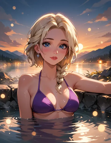 score_9, score_8_up, score_7_up, score_6_up, cinematic film still, 1girl, mature elsa (blonde hair, braid:1.1), (cute purple bikini:1.3), relaxing in hot spring, sweaty, (cinematic lighting:1.2),, shallow depth of field, vignette, highly detailed, high bud...