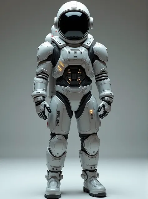 An incredibly advanced astronaut suit. The design pays attention to detail with highly sophisticated technology integrated into its make-up. The suit is silver-grey in color, with reflective metallic surfaces denoting its high-tech materials. It boasts a l...