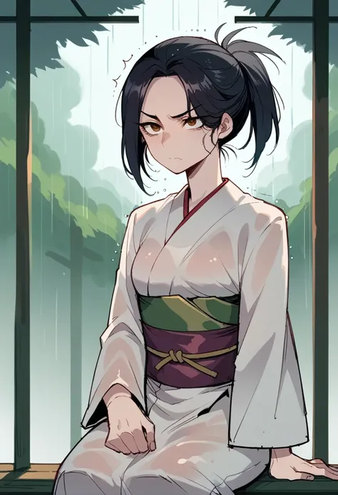 a short and slim girl samurai in her 30s, wearing a long kimono. she looks very youthful. has long, silky, sleek black hair that...