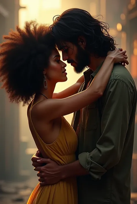 Afro woman with curly hair hugging a Latino rocker man with very long hair and a goatee. 
